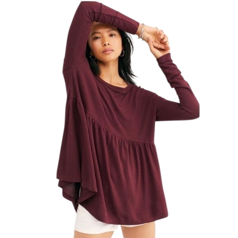 Free People Forever Your Girl Babydoll Tee Womens Size Small- Burgundy